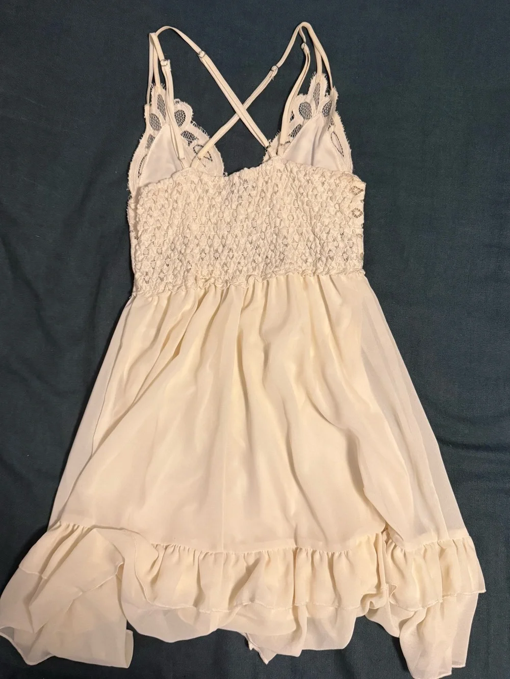 Off White Lace Bodice Ruffle Hem Dress